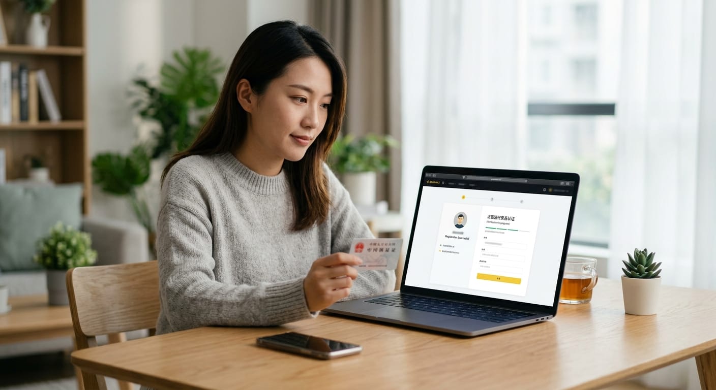 币安实名认证必要性配图,展示开户注册后继续身份认证场景