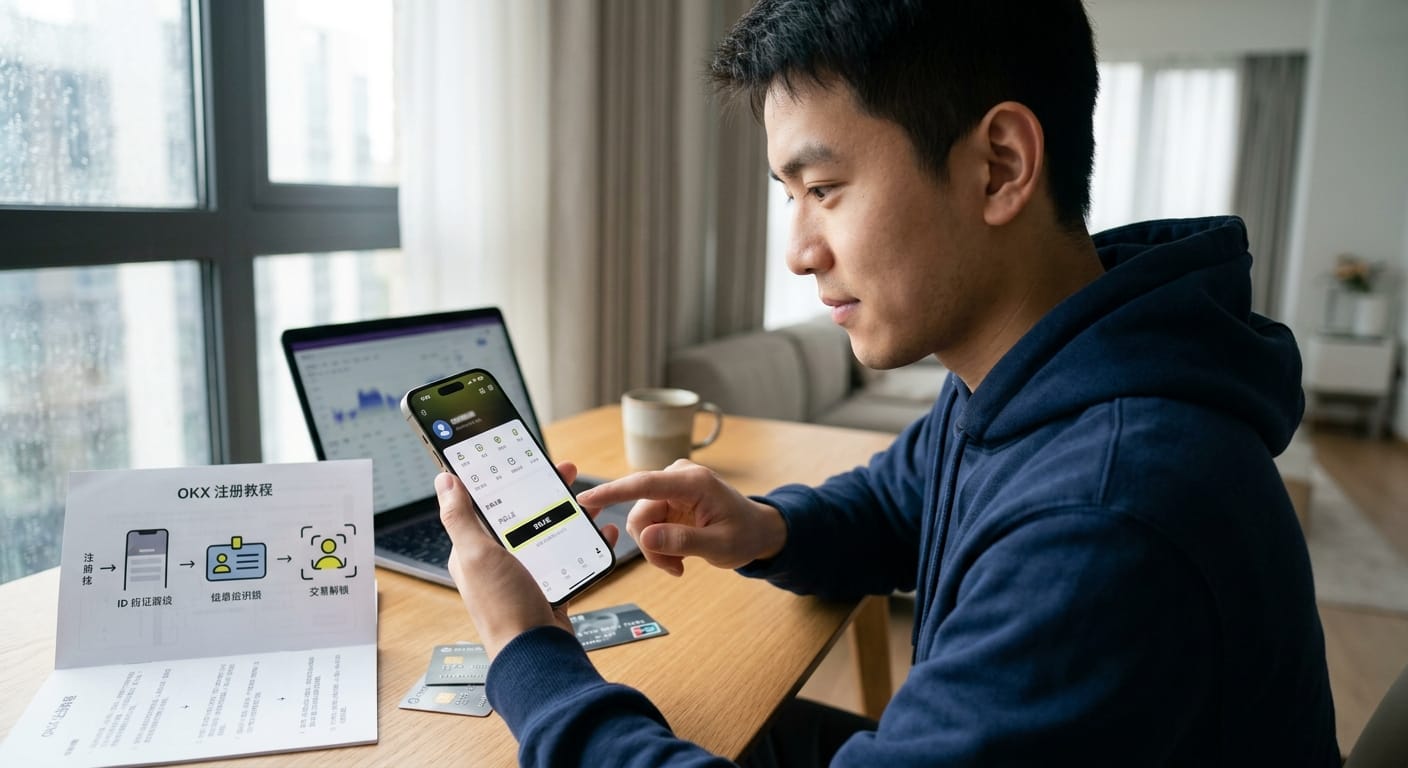 OKX 实名认证必要性配图,展示开户注册后继续身份验证的场景