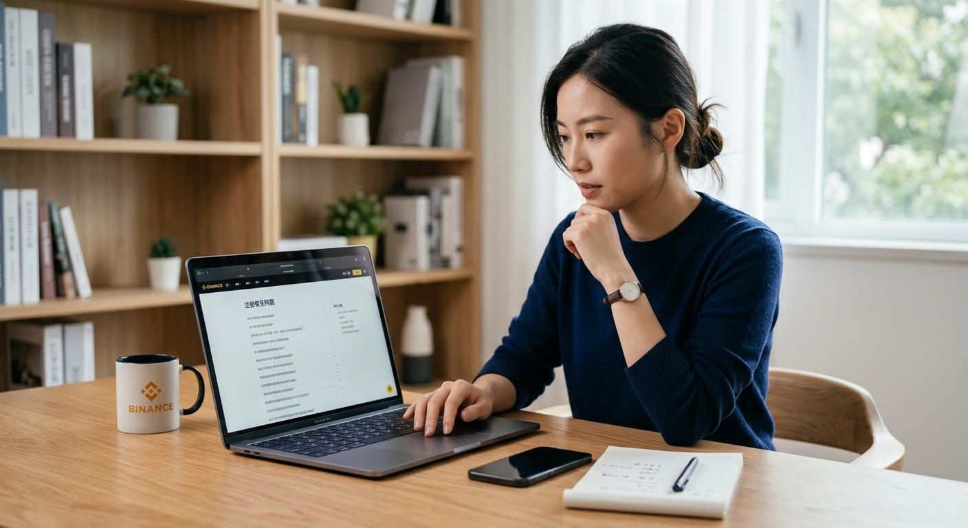 币安注册常见问题配图,展示新手查看问题与解决方案场景