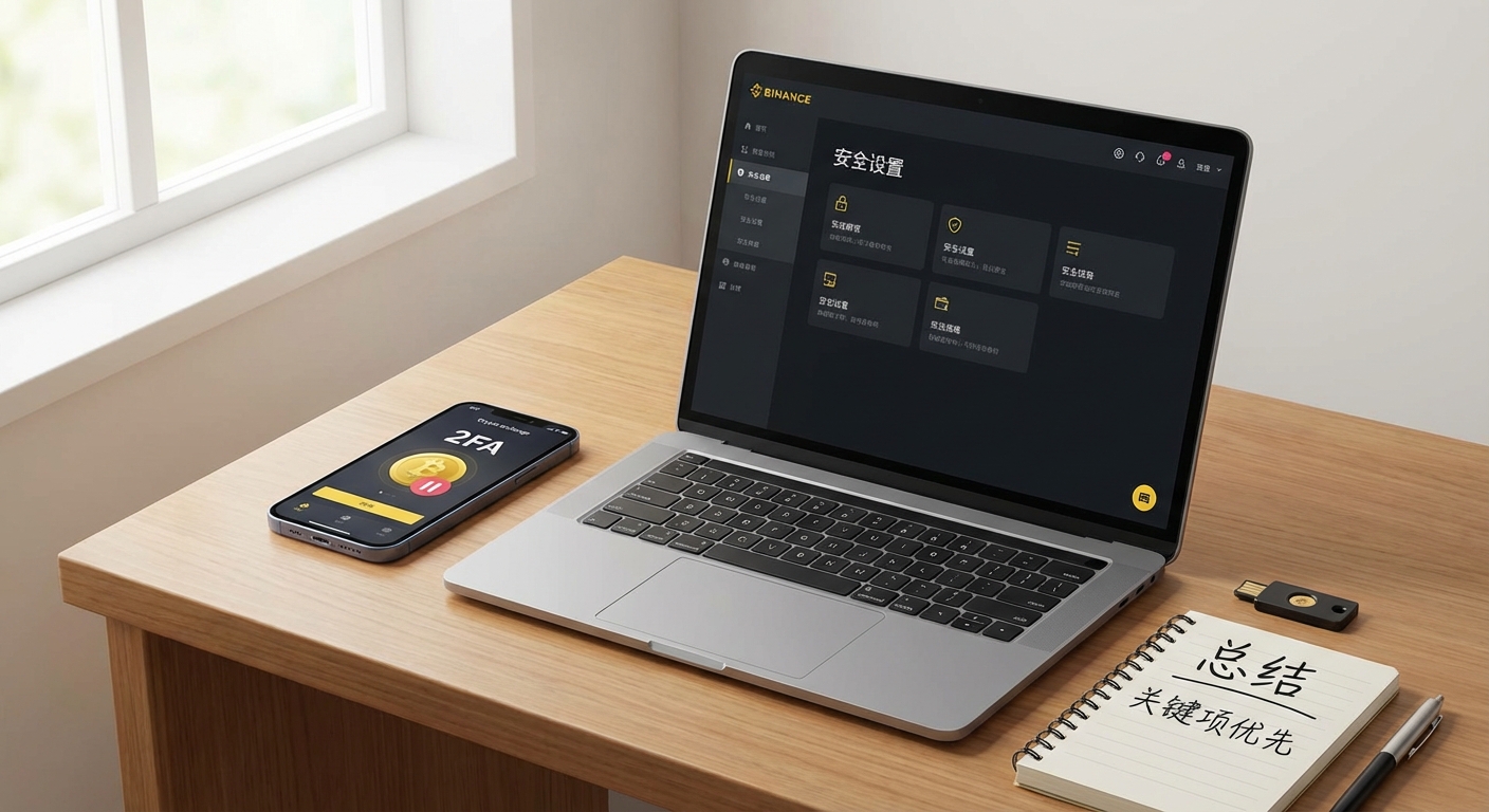 总结 — 这篇 币安安全设置 教程最核心的结论只有一句话: 注册完成后,先别急着动钱,先把最关键的安全项补齐。 对新手来说,优先级最高的几项就是:2FA、反钓鱼码、设备管理、强密码、提现地址白名单。只要这些动作补齐了,你后面无论买币、入金、提现还是切