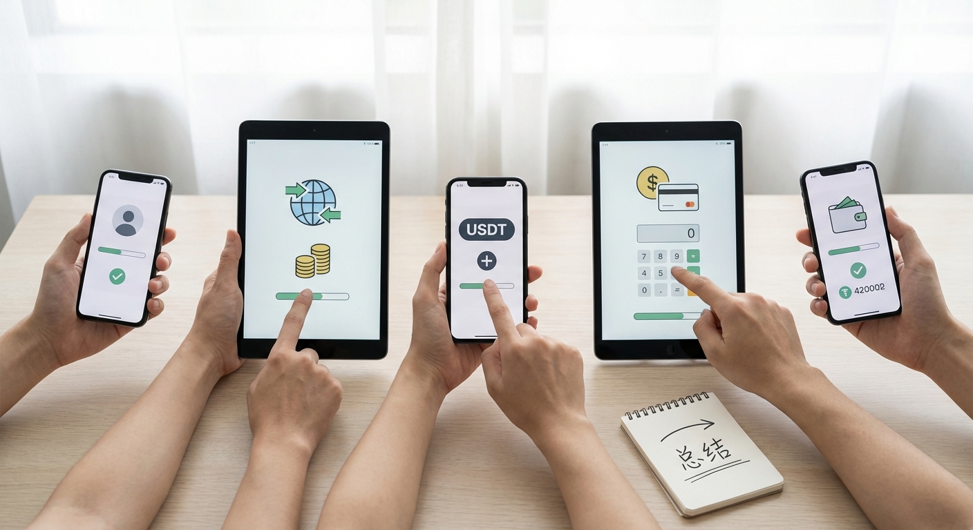 总结配图,概括注册、KYC、买币、付款与到账确认这一整套 USDT 购买流程