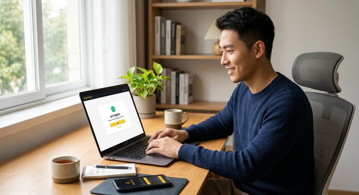 币安注册总结配图,展示新手顺利完成开户注册后的操作场景