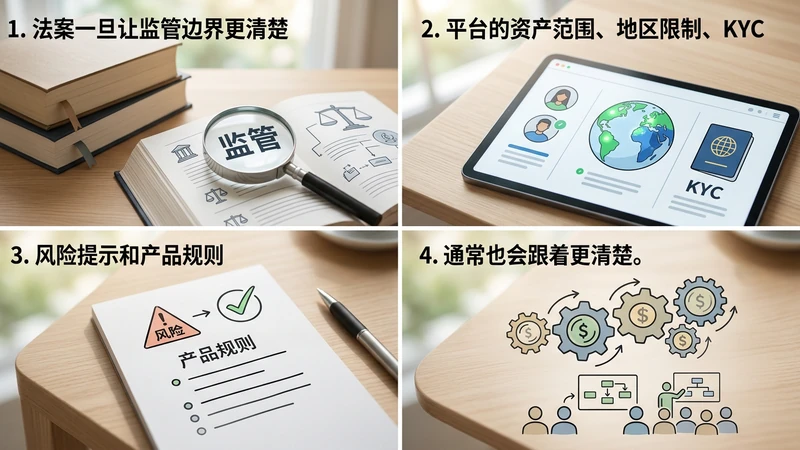 常见问题 — ### 财政部长催促推进法案，为什么普通用户要关心？ 因为法案一旦让监管边界更清楚，平台的资产范围、地区限制、KYC、风险提示和产品规则通常也会跟着更清楚。 ### 规则更清楚，是不是就代表平台会更宽松？