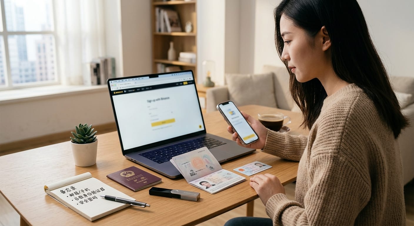 币安注册前准备事项配图,展示邮箱手机号与开户注册准备场景