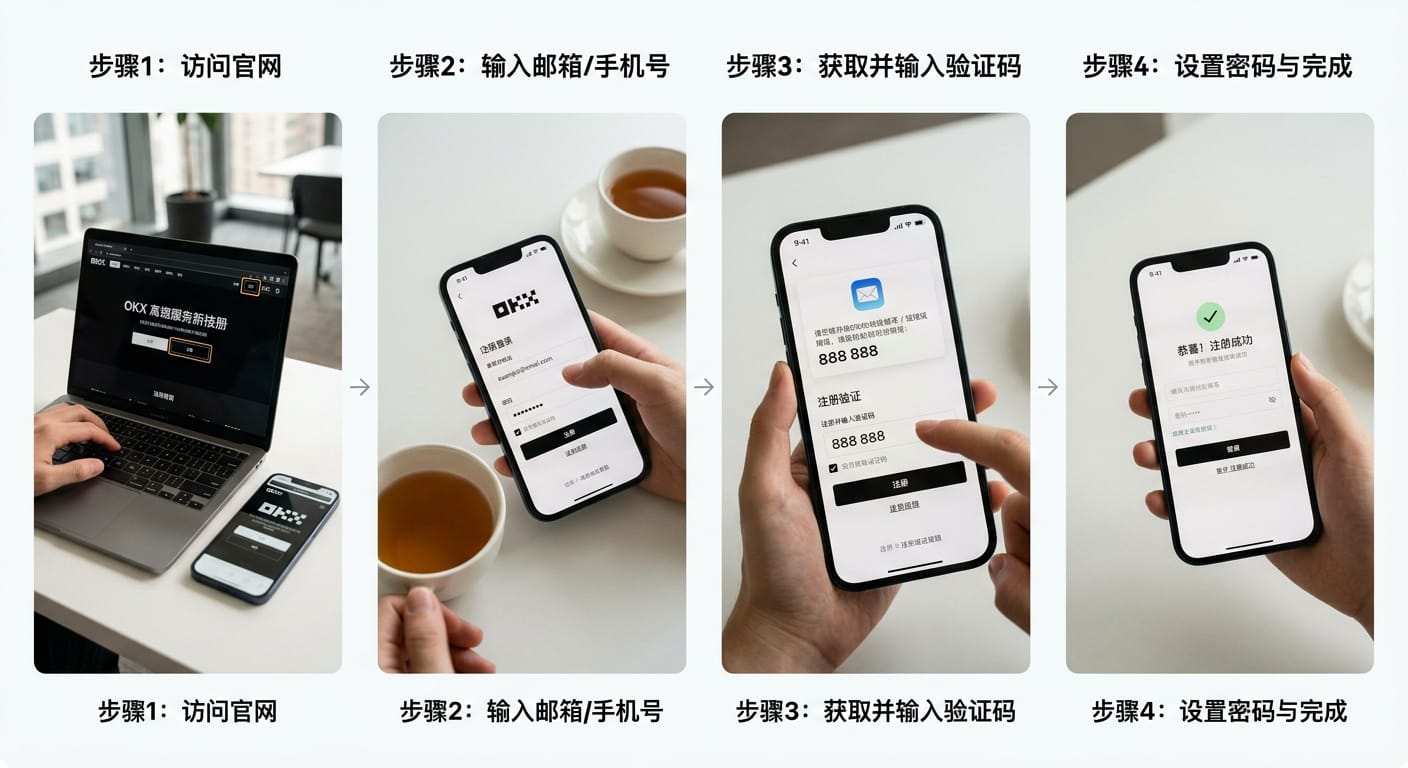OKX 注册流程配图,展示按步骤完成账户注册的操作场景