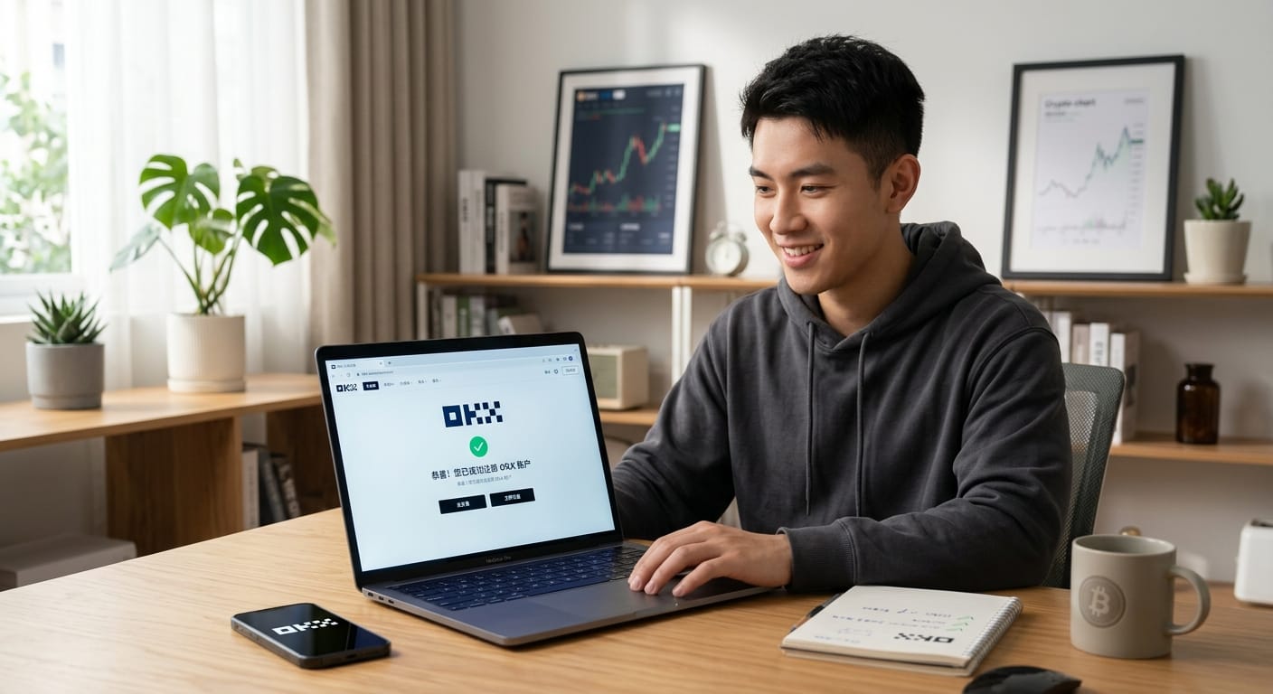 OKX 注册总结配图,展示新手顺利完成开户注册后的操作场景