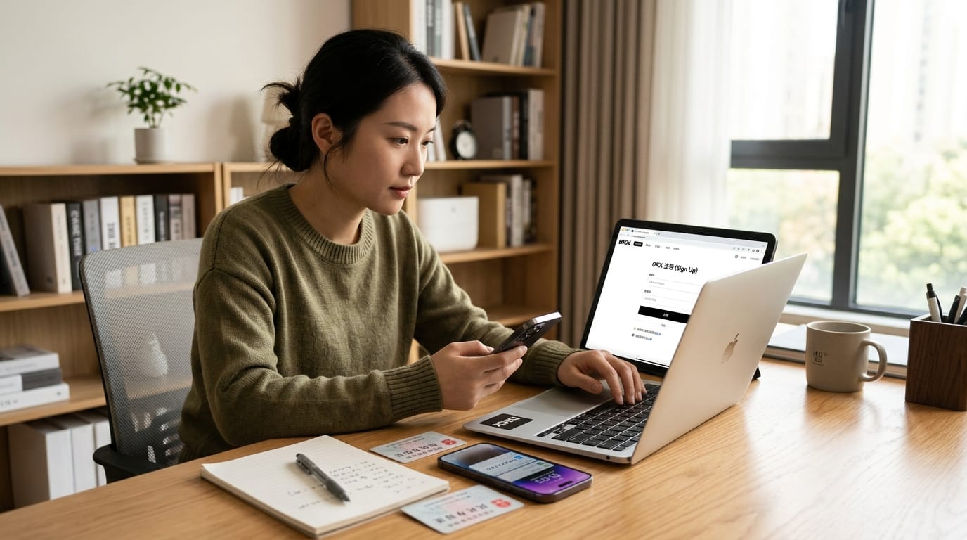 OKX 注册前准备事项配图,展示邮箱、手机号与注册准备场景
