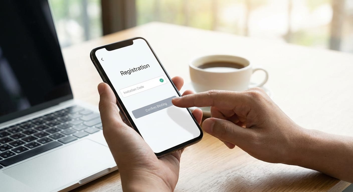 注册时确认邀请码绑定以触发手续费优惠示意图