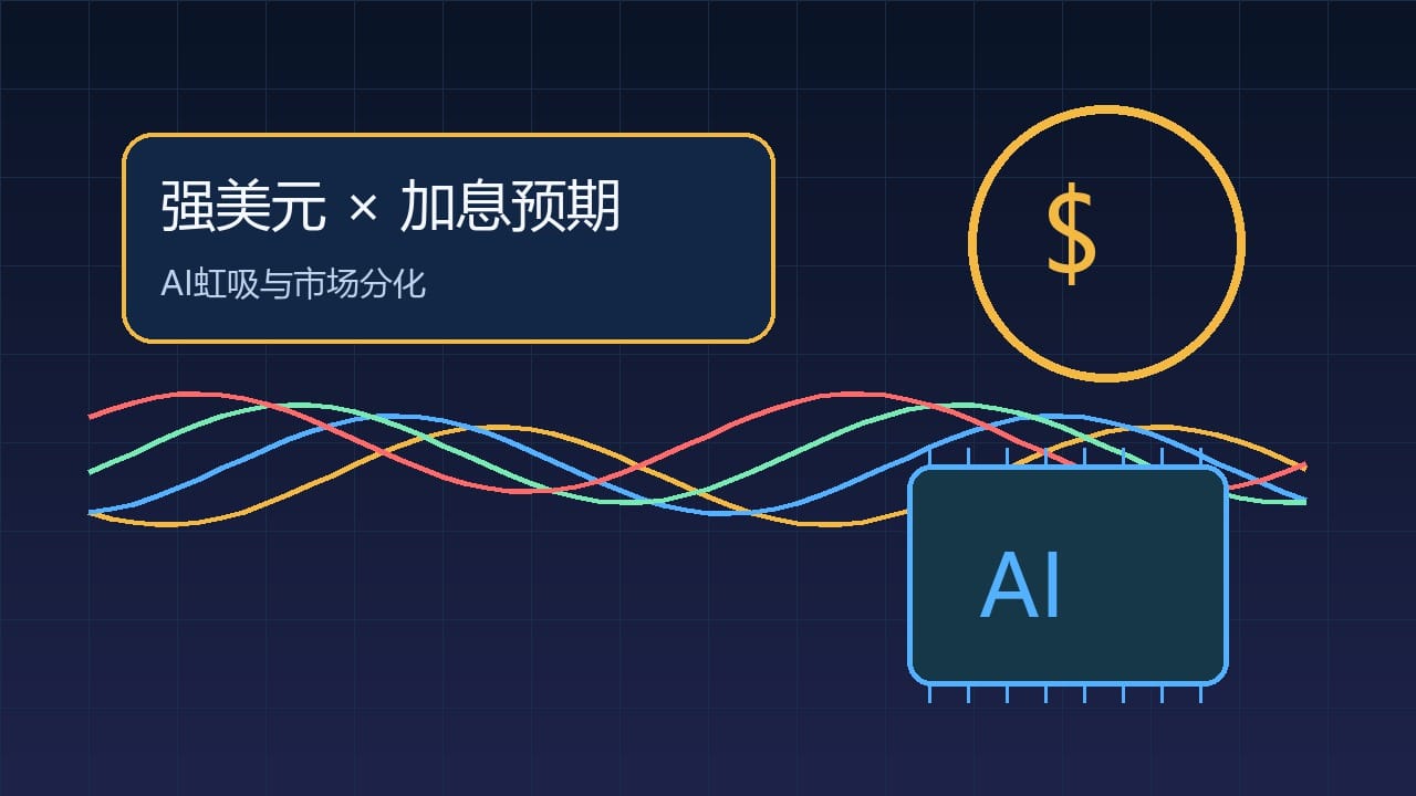 强美元加息预期AI虹吸：美元、利率曲线与AI资金虹吸示意图