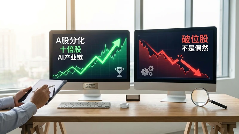 A股分化：十倍股不是普涨，破位股也不是偶然 — Visual illustration of '十倍股不是普涨，破位股也不是偶然' related to A股分化 十倍股 破位股 AI产业链, 十倍股看起来像市场奖励，但它通常不是随机出现的。, inline