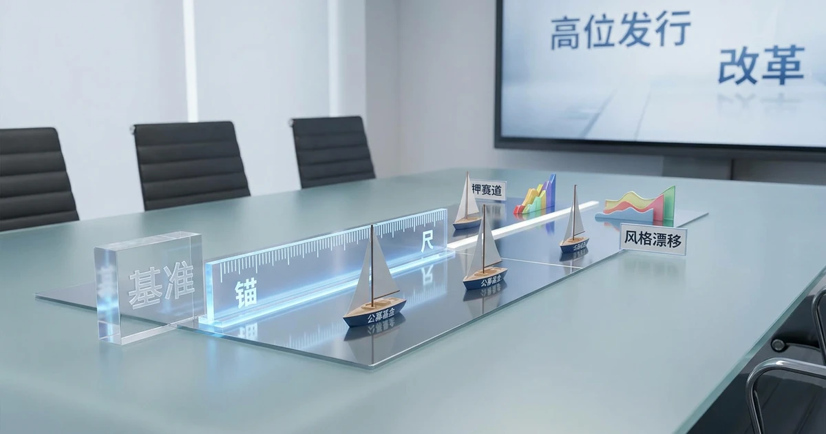 业绩比较基准怎样成为治理风格漂移的锚和尺 — Visual illustration of '业绩比较基准怎样成为治理风格漂移的锚和尺' related to 公募基金 押赛道 风格漂移 高位发行, 本轮公募基金改革中,业绩比较基准被反复强调。