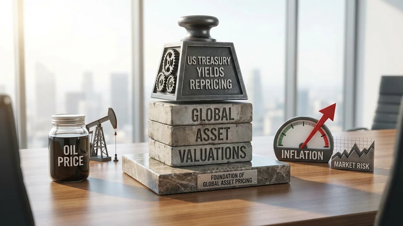 油价美债通胀市场风险:第二重滞后:美债收益率重定价会慢慢压到估值 — Visual illustration of '第二重滞后:美债收益率重定价会慢慢压到估值' related to 油价 美债 通胀 市场风险, 美债收益率是全球资产定价的地基。