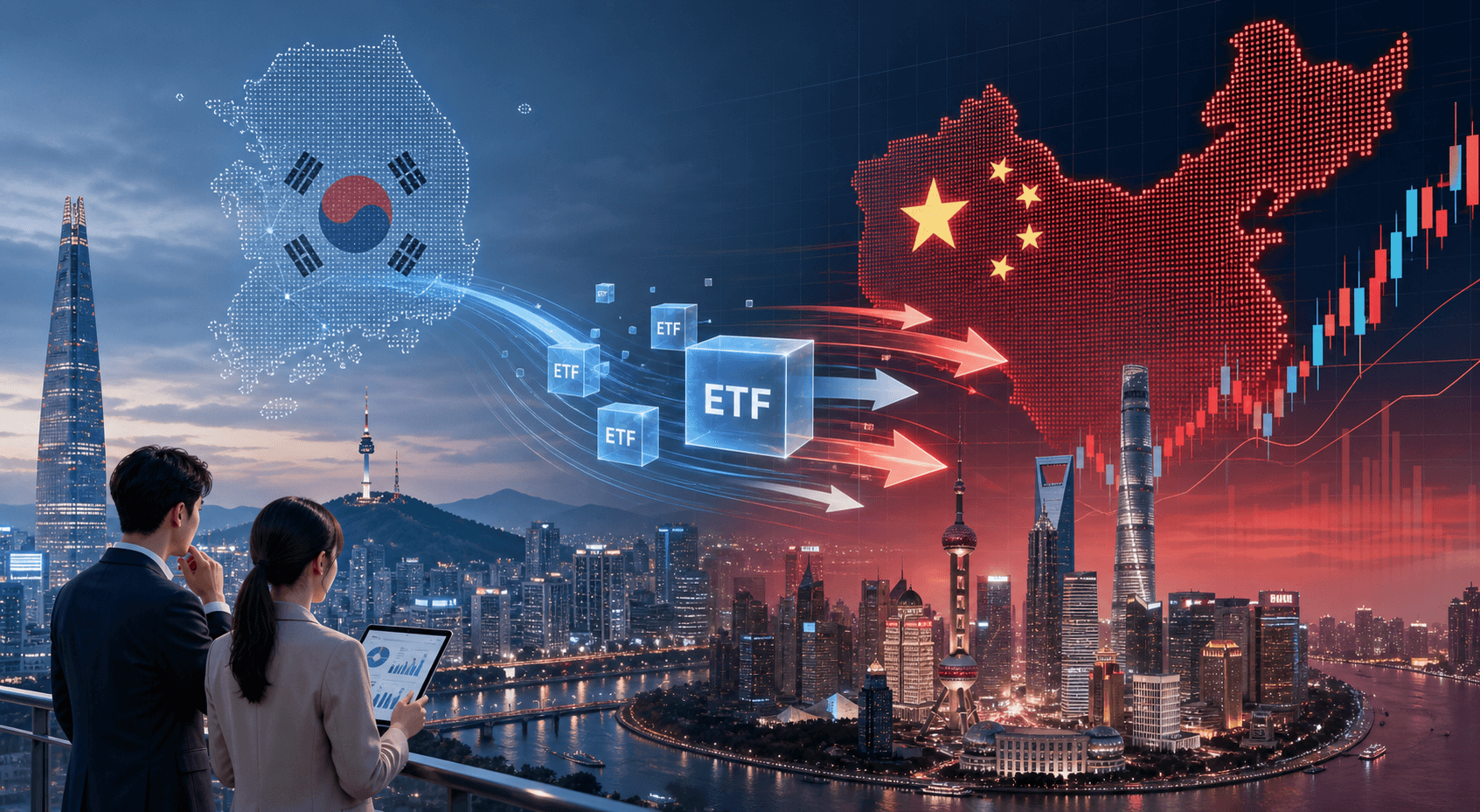 韩国投资者买中国ETF：韩国资金流向中国ETF示意图